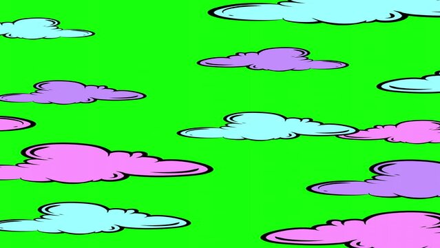 Animated Hand Drawn Style Neon Colors Clouds collection Isolated on Green Screen. Motion clouds in retro Style Cartoon Clouds design elements Vintage Engraving Style illustrations. Vertical banner.