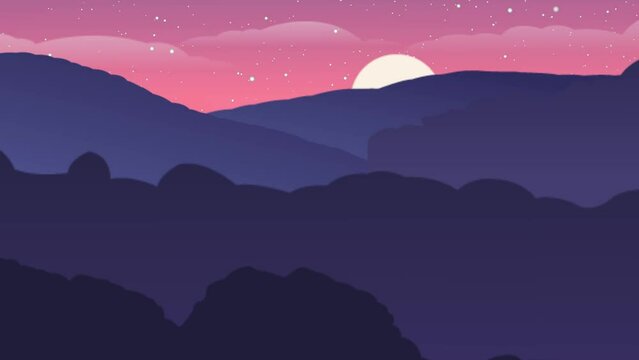 Lo-Fi Sunset in the Mountains. Beautiful Nature Landscape. Animated Twilight Clouds and Twinkling Stars Background