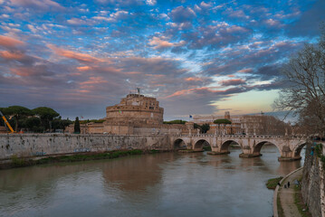 Scenic view of Castel Sant'Angelo in Rome, Italy. Overcast sky, Ponte Sant'Angelo bridge,...