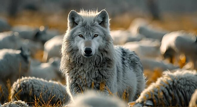 A lone wolf stands amidst a herd of sheep in a field, showcasing predator-prey dynamics in the wild
