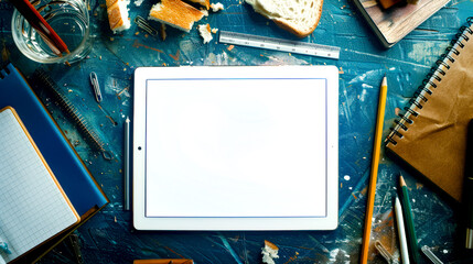 White tablet sitting on top of blue table next to pencil.