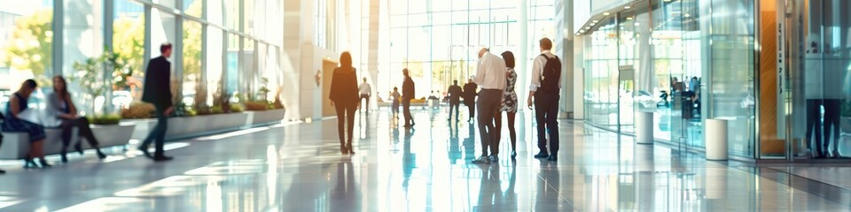 A blurred group of people in the lobby of the bank. Work commitment.