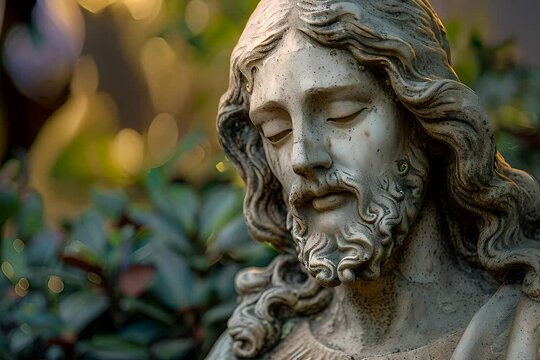 A statue depicting Jesus with his eyes closed, symbolizing peaceful contemplation and prayer