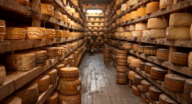 Explore a room packed with shelves holding an array of cheeses in various shapes, sizes, and types