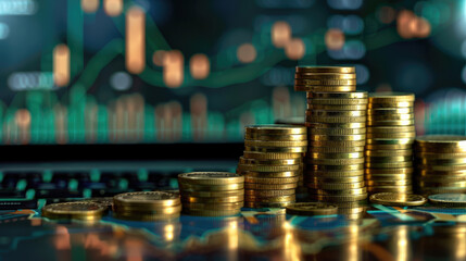 Stack of Coins with Market Graph Background