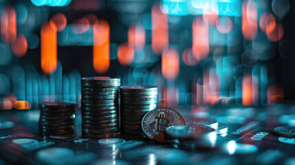 Fototapeta na wymiar Stack of Coins with Market Graph Background