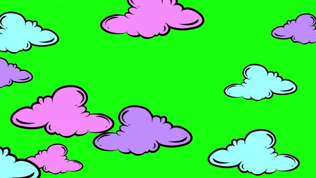Animated Hand Drawn Style Neon Colors Clouds collection Isolated on Green Screen. Motion clouds in retro Style Cartoon Clouds design elements Vintage Engraving Style illustrations. Clouds landscape.