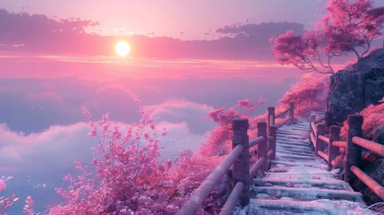 Poster Japanese sunset with vaporwave vibe. Generative AI © wellyans