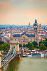 Famous Chain bridge and Saint Stephen Basilica in Budapest, Hungary
