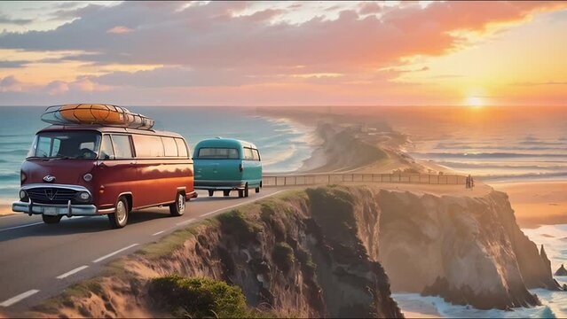 Vintage camper van driving on a coastal road at sunset

