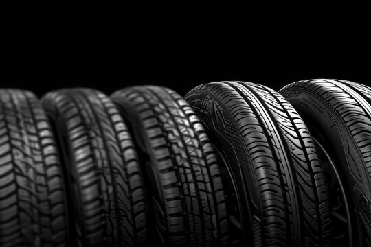 A set of car wheels or tires lie in a row in the shadow on a black background. Mock up for advertising car service or auto maintenance. Copy space. 3D rendering