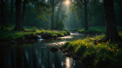 Beautiful green forest, dark mode tones, long exposure picture, small river. Generated AI - 780097506