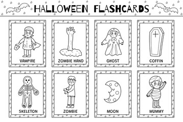 Halloween flashcards black and white collection for kids. Flash cards set in outline  with cute spooky characters for school and preschool. Learning to read activity for children. Vector illustration - 780097550