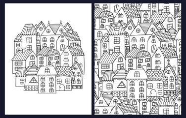 Doodle houses coloring pages set. Black and white templates bundle with city landscape for coloring book. Outline background. Vector illustration - 780097569