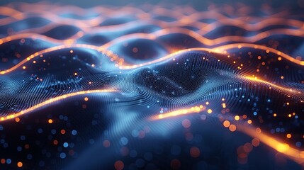 Cyber big data flow. Blockchain data fields. Network line connect stream. Concept of AI technology, digital communication, science research, 3D illustration music waves.