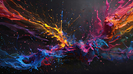 3D rendering of a colorful abstract painting with bright yellow, blue, and pink hues splattered against a black background.