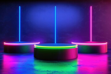 A mesmerizing set of neon lights casts a vibrant glow in a dark room, creating an otherworldly and captivating atmosphere