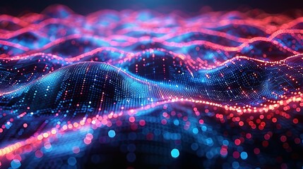 Cyber big data flow. Blockchain data fields. Network line connect stream. Concept of AI technology, digital communication, science research, 3D illustration music waves.