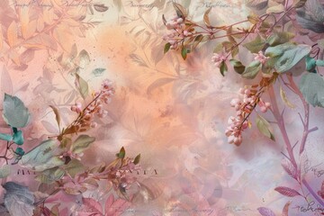 Soft pastel tones come together in a vibrant collage of pink flowers and lush green leaves