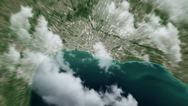 Zooming on Chicago, US. Earth zoom in from outer space to city. The animation continues by zoom out through clouds and atmosphere into space. View of the Earth at night. Images from NASA. 4K