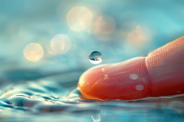 A hand delicately holds a shimmering droplet of water, capturing the beauty of natures most...