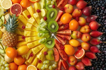 Various types of vibrant and colorful fruit arranged in a circular formation
