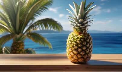 A ripe Pineapple fruit and a glass of cooling pineapple juice at the seaside