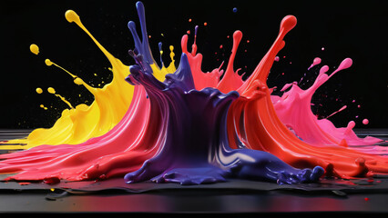 a colorful 3D rendering of paint splashing in mid-air against a black background.