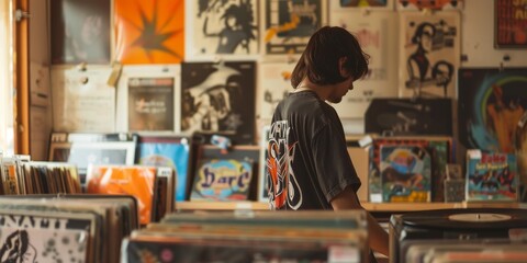Young man browsing records in a vintage music shop. Retro music discovery concept. Scene highlighting the revival of analog audio culture. - obrazy, fototapety, plakaty
