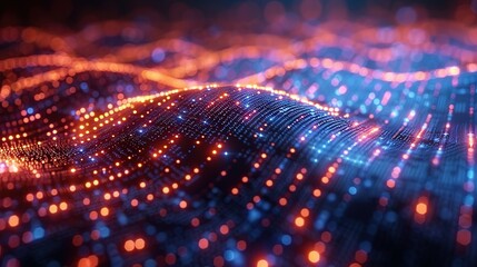 Cyber big data flow. Blockchain data fields. Network line connect stream. Concept of AI technology, digital communication, science research, 3D illustration music waves.