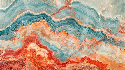 Marble slabs flow in a gradient from cool teal to warm red, creating an artistic backdrop that showcases the natural elegance and texture diversity of stone - obrazy, fototapety, plakaty