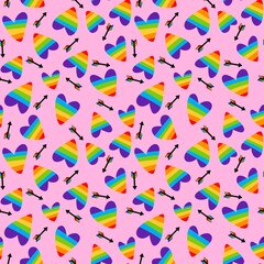Obraz premium Rainbow lgbt arrows seamless love pride hearts pattern for wrapping paper and textiles and party accessories