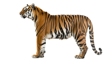 Side view, profile of a tiger standing, isolated on white
