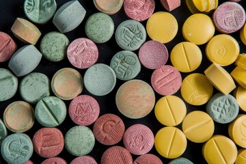 Close-up view of a diverse assortment of brightly colored pills in various shapes and sizes