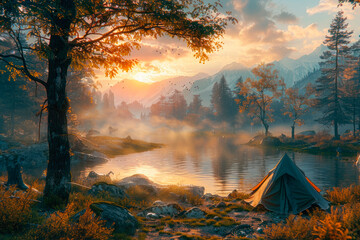 Morning views of nature at dawn and a tent on the shore of a mountain lake, a new day of adventure....