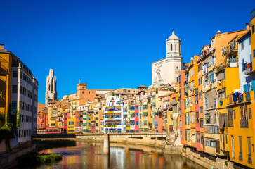 Famous colorful houses at river Onyar in Girona, Catalonia, Spain