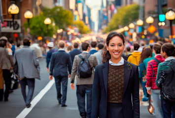 A smiling young woman wearing a jacket looking at camera on a busy city street. Shallow depth of field.