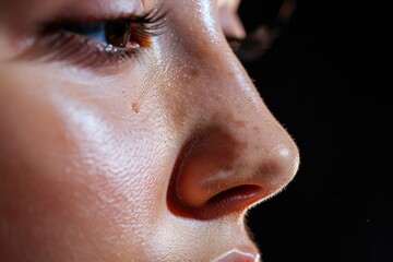 A close-up showcasing the intricate details of a womans nose, capturing the beauty and elegance of this facial feature