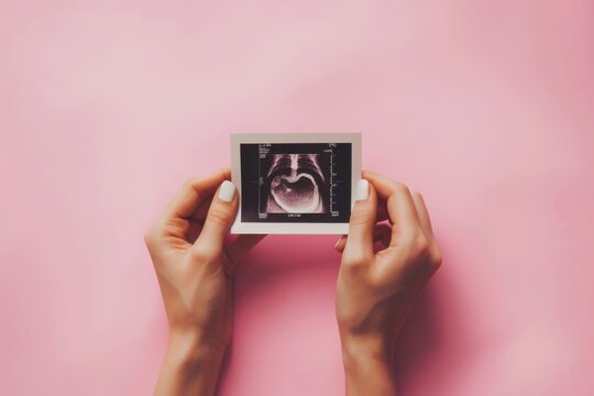 Hands gently holding a sonogram image of an unborn baby, representing the joy and anticipation of pregnancy. Holding Sonogram of Baby with Love