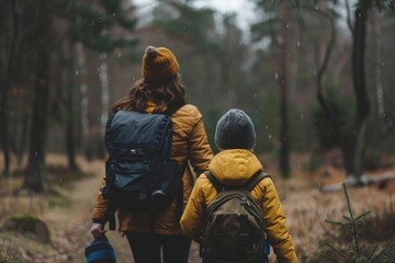 A woman and a young boy with backpacks hiking through the lush green forest
