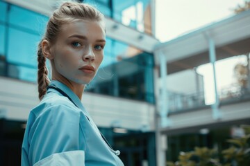 A young European nurse with a ponytail stands confidently in front of a modern hospital building, embodying professionalism and dedication