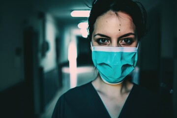 A young female nurse of European descent wearing a surgical mask, standing in a hospital hallway