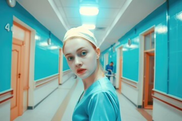 A young nurse of European appearance, wearing a white mask, walks alone in the hospital hallway