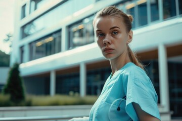 A European nurse in scrubs posing confidently in front of a modern hospital building