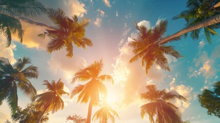 Low angle view of tropical palm trees on a sunset generative ai - obrazy, fototapety, plakaty