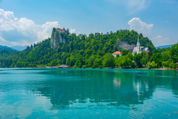 Saint Martin church and Bled castle in Slovenia