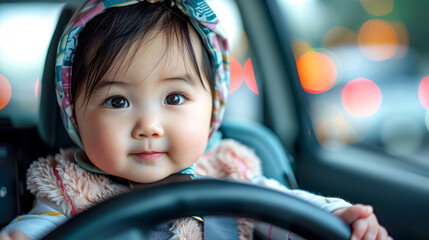 Little girl sitting in car seat with head scarf around her head.