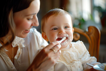 Woman brushing baby's teeth with toothbrush in her mouth.