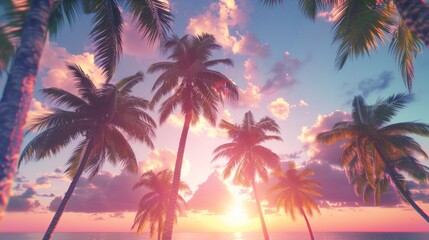 Fototapeta na wymiar Low angle view of tropical palm trees on a sunset generative ai