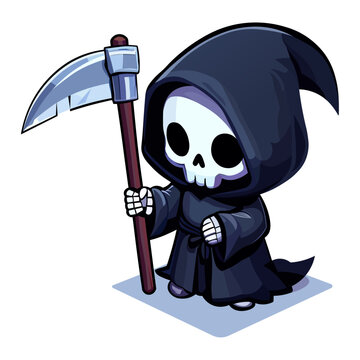 recommend clip art: Isometric cute grim reaper with reaper scythe clip art isolated on white background, haunted halloween graphic resources, vector illustration.